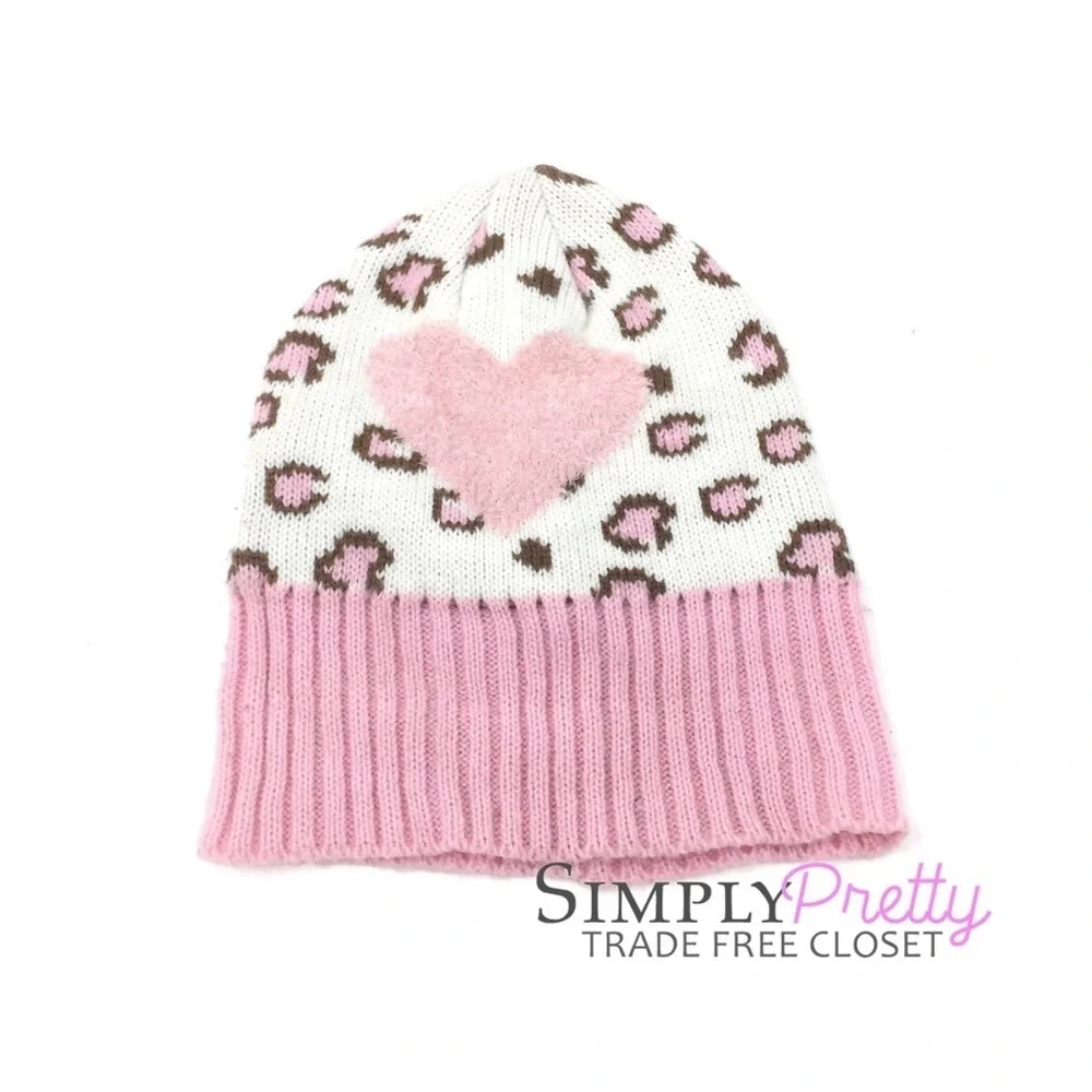 Little Me Kids Leopard Heart Ribbed Beanie Cap